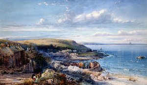 A Mounts Bay Balıkçı Köyü (Mousehole) 1860 (kağıt üzerinde wc ve gövde rengi) by George Wolfe