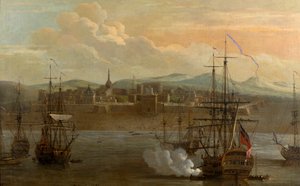 Hindistan, Madras'taki St George Kalesi'nin bir tablosu. 1731'de. Askeri kale ve gemilerin olduğu liman. Geminin topu ateşleniyor. Sigara içmek. Savaş. by George and Scott Samuel (1710 72) Lambert