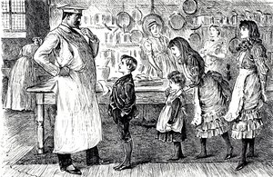 Evin çocuklarından emir alan bir şefi betimleyen bir çizgi film. Fransız-İngiliz karikatürist ve yazar George du Maurier (1834-1896) tarafından resmedilmiştir. by George du Maurier