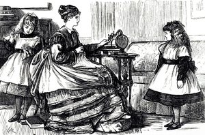 Dikiş makinesi kullanan genç bir anneyi betimleyen bir çizgi film. Fransız-İngiliz karikatürist ve yazar George du Maurier (1834-1896) tarafından resmedilmiştir.