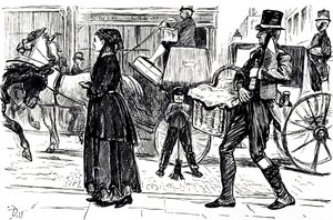 Kooperatif mağazalarının ilk günlerini gösteren bir karikatür. Fransız-İngiliz karikatürist ve yazar George du Maurier (1834-1896) tarafından resmedilmiştir. by George du Maurier