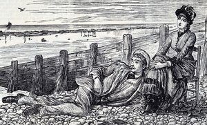 Çakıllı bir plajda balayının tadını çıkaran bir çifti tasvir eden çizgi film by George du Maurier