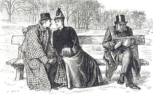 Parktaki bir bankta karşılıklı sevgi alışverişinde bulunan bir çifti tasvir eden çizgi film, yanlarındaki adam onaylamayarak onlara bakıyor. by George du Maurier
