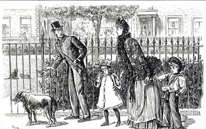 Victoria Londra sokaklarında yürüyen bir aileyi tasvir eden çizgi film by George du Maurier