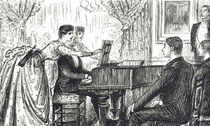 Evde müzikal bir akşamı tasvir eden çizgi film by George du Maurier