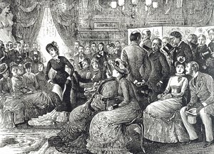 Tipik bir misafir odası konserini tasvir eden çizgi film by George du Maurier