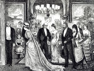 Viktorya dönemine ait bir evde zarif bir suareyi tasvir eden çizgi film by George du Maurier