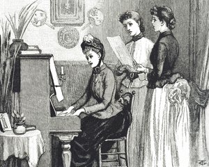 Salonda şarkı söyleyen genç bayanları betimleyen gravür by George du Maurier