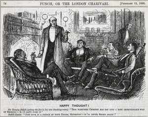 Beyler sigara odasında toplanmış yemekten sonra purolarını tüttürüyordu. George du Maurier karikatürü "Punch", Londra 1886. by George du Maurier