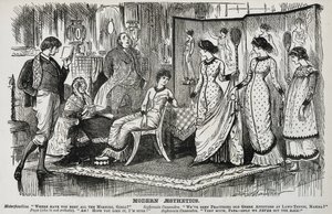 Dekoratif sanatlarda moda olan Estetik Hareket üzerine George du Maurier karikatürü. "Punch", Londra