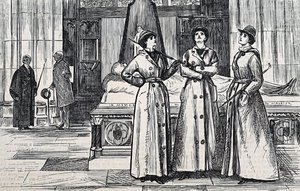 Bir müzede tam boy palto giyen üç kadın by George du Maurier