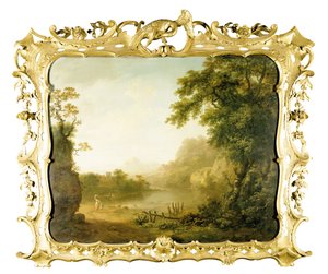 Ön planda figürler ve ötesinde bir köy bulunan bir İtalyan ormanlık nehir manzarası, 1755
