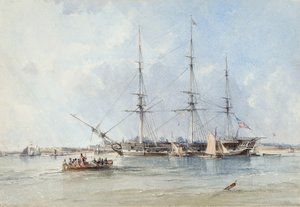 Blackwall firkateyni Seringapatam Tilbury Fort açıklarında demirli by George the Elder Chambers