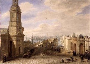 Yanında yeni Köprü inşaatı ile Eski Londra Köprüsü