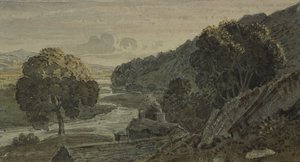 Yazlık ve nehir ile akşam, manzara