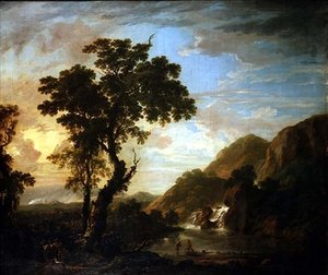 Ön planda figürler ve ötesinde kademeli olarak ormanlık nehir manzarası by George the Younger Barret