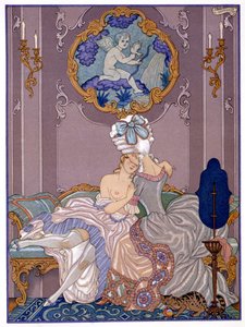 1920'lerde yayınlanan Pierre Choderlos de Laclos'un (1741-1803) 'Les Liaisons Dangereuses' filminden yatak odası sahnesi (pochoir baskı)