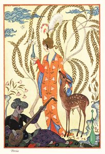 Bir kadın bir parfüm şişesi tutuyor, antik Pers by Georges Barbier