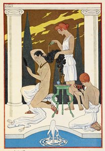 Antik Roma. Hizmetçiler tarafından saçlarını yıkayan bir şahsiyet. by Georges Barbier
