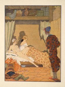 Yatak Odası Sahnesi, Pierre Choderlos de Laclos (1741-1803) pub'ın 'Les Liaisons Dangereuses'dan bir çizim. 1934 (kalıp baskısı) by Georges Barbier