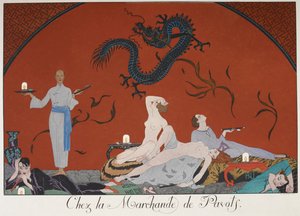 Chez la Marchande de Pasots. Bazıları çıplak, bir odada yatan insanlar. Çin dekorasyonu. by Georges Barbier