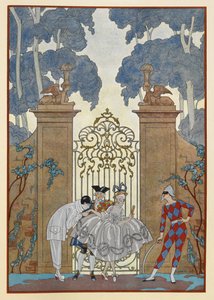 Kolombin. Kapının dışında duran insanlar. Bir Pierrot. by Georges Barbier