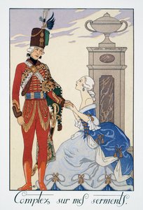 Yeminlerime güvenin (size sadık kalacağım), Macar hafif süvari eri, George Barbier (1882-1932) tarafından litografi, Falbalas et Fanfreluches, Almanach des Modes Presentes, Passees et Futures by Georges Barbier
