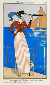 Yat Kostümü: veste de drap, jupe de toile, chapeau de cuir. Yat kostümü giyen bir kadın: kırmızı kumaş ceket, çizgili keten etek, deri şapka ve mavi eşarp. Arka planda tekneyi işaret eden bir teleskop kullanıyor. Kostümler Parisliler. by Georges Barbier