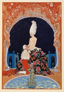 Dans la Grotte. Bir çeşmenin yanında yarı çıplak bir kadının önünde diz çökmüş bir adam. by Georges Barbier