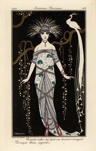 Gümüş brokar, mavi peruk ve tüylerden oluşan büyük gece elbisesi. by Georges Barbier