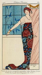 Cythère. Bir köşkte kucaklaşan bir erkek ve kadın. Dışarıda pipo çalan efsanevi yaratıklar. by Georges Barbier