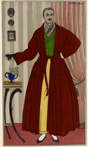Sabahlık giyen adam. Journal des dames et des modlarından alınan George Barbier (1882-1932) çizimi. Paris 1912-1914. The British Library Institution, Reference Shelfmark ID: P.P.5242.dc, pl.96, karşı sayfa 16. Soyunma odası giyen adam by Georges Barbier