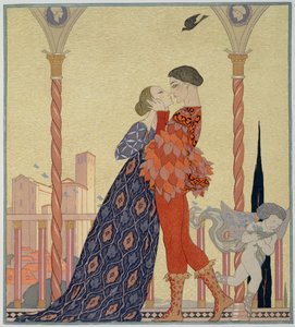 Balkondaki Aşıklar (kağıt üzerine sulu boya) by Georges Barbier