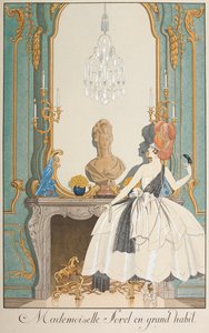 Matmazel Sorel büyük bir alışkanlık içinde. Şöminenin önünde duran bir kadın. by Georges Barbier