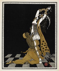 Nijinsky, 1888'de Nikolai Rimsky-Korsakov tarafından bestelenen bir senfonik süit olan Şehrazat'ta Altın Köle olarak. Her ikisi de Arap tarzı kostüm giymiş Şehrazat'ın önünde diz çöküyor. by Georges Barbier