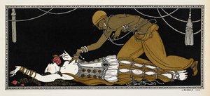 Nijinsky, 1888'de Nikolai Rimsky-Korsakov tarafından bestelenen bir senfonik süit olan Şehrazat'ta Altın Köle rolünde. Şehrazat burada ölüm döşeğinde, altın köle onun üzerine eğiliyor. by Georges Barbier