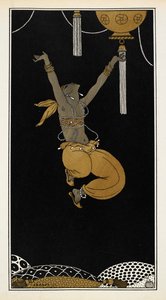 Nijinsky, 1888'de Nikolai Rimsky-Korsakov tarafından bestelenen bir senfonik süit olan Sheherazade'deki Altın Köle olarak. Nijinsky havada, atlamanın ortasında. by Georges Barbier