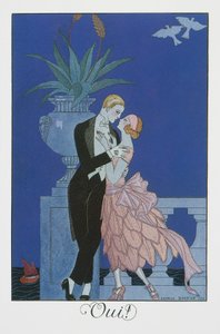 Evet, iki genç nişanlı gece elbisesi, litografi George Barbier (1882-1932), Falbalas et Fanfreluches