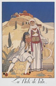 Geleneksel Yunan kostümlerini betimleyen pan flüt oyuncusu by Georges Barbier