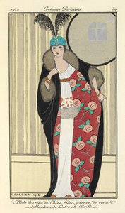 "Tilki ile süslenmiş beyaz krep de chine elbise. Su samuru ceket ve kokarcalar," by Georges Barbier