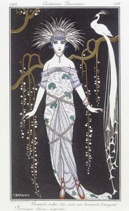 Gümüş brokar gece elbisesi ve peruk - Çizim George Barbier (1882-1932). “” Journal des dames et des modlarında: Kostümler Parisiens”” by Georges Barbier