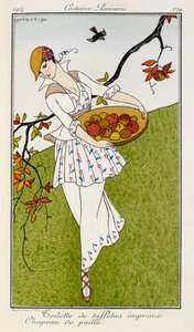 Tuvalet de taftalar imprime chapeau de paille. Kostümler Parisiens no.179. İpek baskılı bir kıyafet ve hasır şapka giyen bir kadın. Bir kase meyve taşıyor. by Georges Barbier