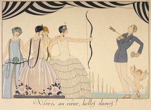 Visez au coeur, güzel kadınlar. Kalp hanımlarını hedefleyin. Bir kadın bir okla bir adamı kalbinden vurur. by Georges Barbier