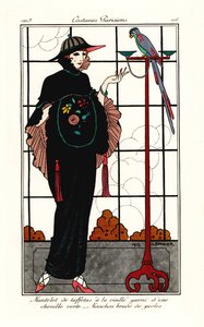 Bir papağan ile eski bir tafta pelerinli kadın by Georges Barbier