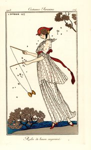 Diabolo oynarken baskılı keten elbiseli kadın by Georges Barbier