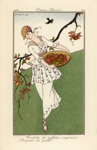 Hasır şapkalı ve baskılı tafta elbiseli kadın. by Georges Barbier