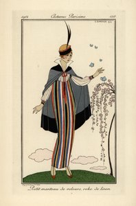 Kısa kadife ceketli çizgili keten elbiseli kadın. by Georges Barbier