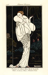 Kadife pelerinli, damask elbiseli ve pembe terlikli kadın. by Georges Barbier