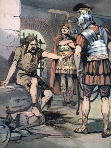 Galya Savaşı: “” Tullianum hapishanelerinde Jules Cesar'ın Roma silahlarındaki Galya savaşçısı Vercingetorix tutsağı, MÖ 46” (Galya savaşları: Jül Sezar'a karşı yenilgisinden sonra Roma'daki Mamertine Hapishanesinde Vercingetorix tutsağı, MÖ 46 by Georges Conrad