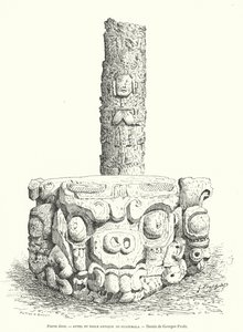 Guatemala'dan Maya oyma taş sunak ve idol (gravür) by Georges Ernest Profit